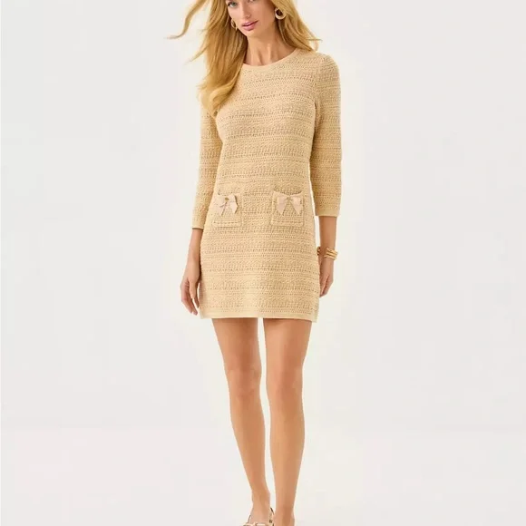 Lilly Pulitzer Rhysa Sweater Dress Cream Knit Mini Dress with Bow Details - Picture 4 of 16